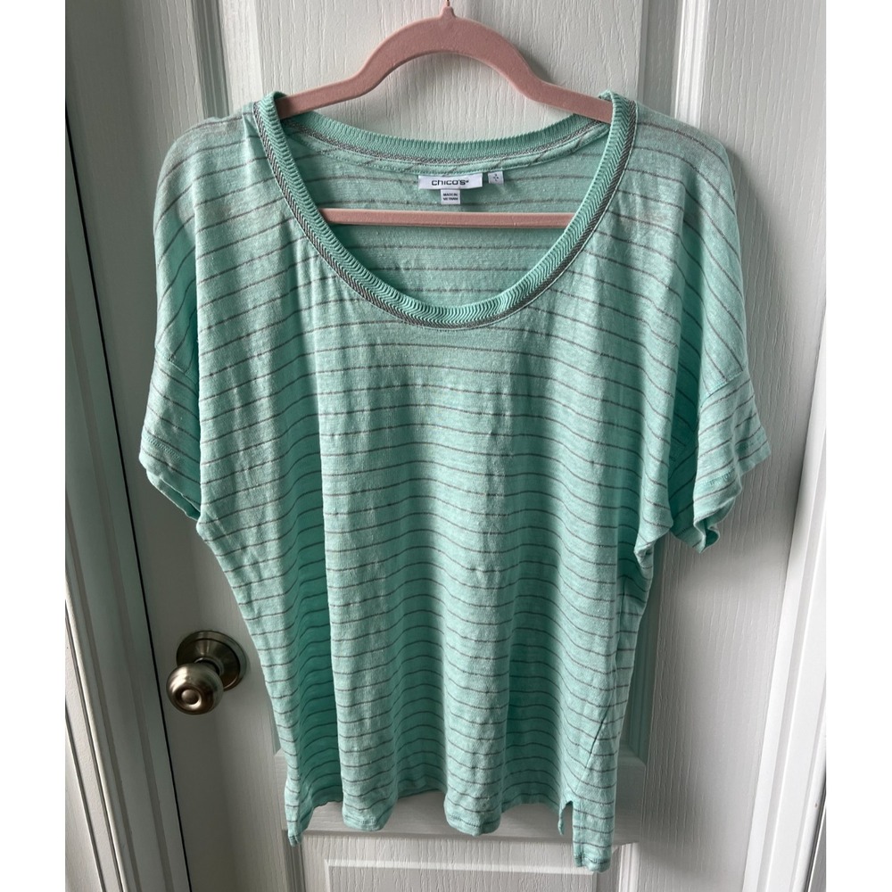 Chicos Womens Top Striped Short Sleeve Linen Blend Metallic Silver Stripe Size L